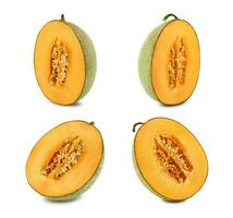 Four halves of delicious cantaloupe melon in a cross-section, isolated on white background with copy space for text or images. Side view. Close-up shot. photo