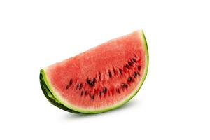 Slice of a watermelon isolated on white with copy space for text, images. Cross-section. Berry with pink flesh, black seeds. Side view. Close-up. photo