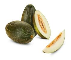 Delicious green tendral melon in cross-section, isolated on white background with copy space for text or images. Side view. Close-up shot. photo