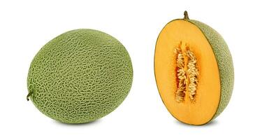 Delicious cantaloupe melon in a cross-section, isolated on white background with copy space for text or images. Side view. Close-up shot. photo