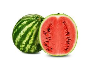 Green, striped watermelon with half isolated on white with copy space for text, images. Cross-section. Berry with pink flesh, black seeds. Close-up. photo