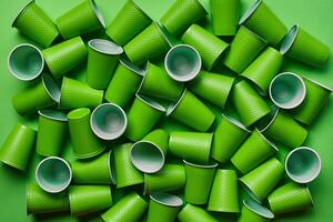 Green plastic disposable tableware on green background with copy space. The concept of picnic utensil. Top view. Selective focus. Close-up. photo