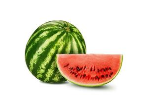 Green, striped watermelon with slice isolated on white, copy space for text, images. Cross-section. Berry with pink flesh, black seeds. Close-up. photo