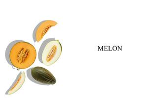 Melons of different varieties, whole, halves and slices, isolated on white with inscription melon and copy space for text, images. Close-up, top view. photo