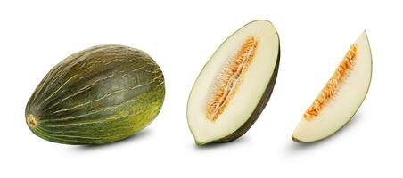 Delicious green tendral melon in cross-section, isolated on white background with copy space for text or images. Side view. Close-up shot. photo