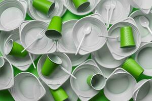 White plastic disposable tableware on green background with copy space. The concept of picnic utensil. Top view. Selective focus. Close-up. photo