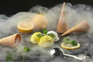 Tasty creamy and lemon ice cream decorated with mint served in smoke on a stone slate over a black background. photo
