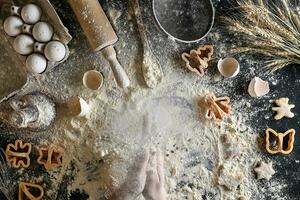 Top view female hands prepares a place for cooking dough photo