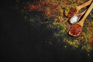 Set of indian spices on black background - green cardamom, turmeric powder, coriander seeds, cumin, and chili, top view photo