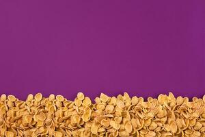 A frame lined with corn flakes. Cornflakes scattered on a purple background. Copy space photo