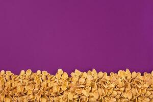 A frame lined with corn flakes. Cornflakes scattered on a purple background. Copy space photo