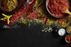Set of indian spices on black background - green cardamom, turmeric powder, coriander seeds, cumin, and chili, top view photo