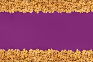 A frame lined with corn flakes. Cornflakes scattered on a purple background. Copy space photo
