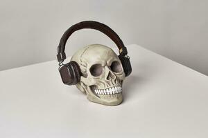 Realistic model of a human skull with teeth in a black headphones on a light table, white background. Medical science or Halloween horror concept. photo