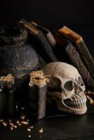 Realistic model of a human skull with teeth on a wooden dark table, black background. Medical science or Halloween horror concept. Close-up shot. photo