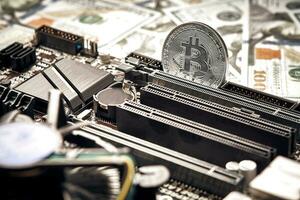 The coin of bitcoin lies on video card with dollars. Exchange bitcoin cash for a dollar photo