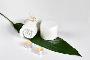 Skin care beauty treatment with jar of body moisturizer. White body lotion with big green leaf on light background. photo