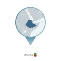 Map pin with detailed map of Ethiopia and neighboring countries. vector