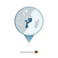 Map pin with detailed map of Mozambique and neighboring countries. vector