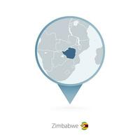 Map pin with detailed map of Zimbabwe and neighboring countries. vector