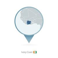 Map pin with detailed map of Ivory coast and neighboring countries. vector