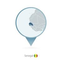 Map pin with detailed map of Senegal and neighboring countries. vector