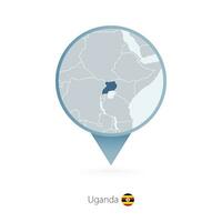 Map pin with detailed map of Uganda and neighboring countries. vector