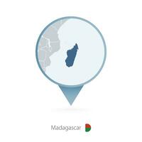 Map pin with detailed map of Madagascar and neighboring countries. vector