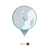 Map pin with detailed map of Malawi and neighboring countries. vector