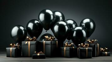 Latex balloons behind black giftboxes ai generated banner background copy space photo