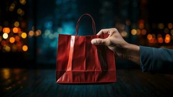 Male hand holding shopping bag on bokeh ai generated banner background copy space photo