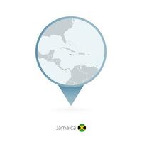 Map pin with detailed map of Jamaica and neighboring countries. vector