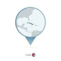 Map pin with detailed map of Cuba and neighboring countries. vector