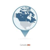Map pin with detailed map of Canada and neighboring countries. vector