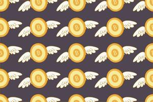 Bitcoin with wings seamless pattern. Background with flying bitcoin. Gold symbols of bitcoin. Template for packing, design, wallpaper, vector illustration.