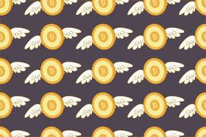 Bitcoin with wings seamless pattern. Background with flying bitcoin. Gold symbols of bitcoin. Template for packing, design, wallpaper, vector illustration.