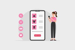 Online shopping store on website and mobile phone design. Smart business marketing concept. Woman using a smart phone for online shopping. Vector Illustration.