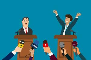 Debate concept. Candidate for president at the podium. Political speech. Presidential election. Journalist or press media hands with microphones. vector