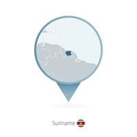 Map pin with detailed map of Suriname and neighboring countries. vector