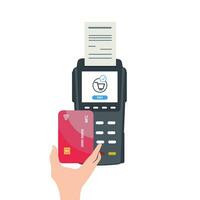 Credit card processing service. Hands close up accept contactless payments using terminal machine. Vector flat style cartoon illustration