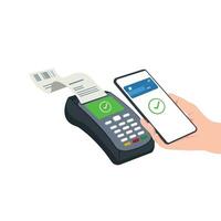 móvil pago vía teléfono inteligente mano sostiene móvil teléfono a hacer sin contacto pago y pos Terminal. concepto ilustración en plano estilo para inteligente billetera. vector