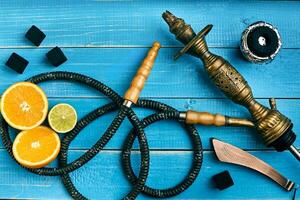 Hookah. Tobacco with orange and lime flavor. Top view photo