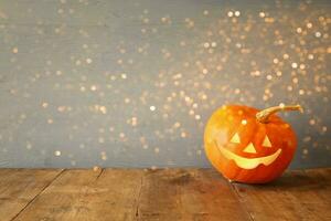 Festive Autumn Harvest Rustic Pumpkin Lantern on Wood photo