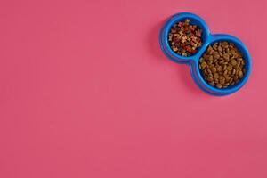 Dry pet food in bowl on pink background top view photo