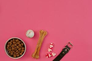 Dog snacks, dog chews, dog bone, ball toy for dog on a pink background with copy space photo