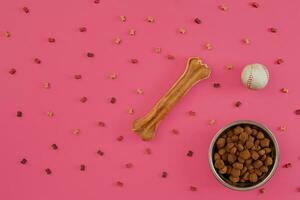 Dog snacks, dog chews, dog bone, ball toy for dog on a pink background with copy space photo