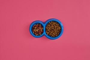 Dry pet food in bowl on pink background top view photo