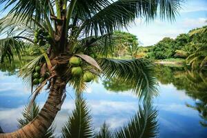 Tranquil tropical beach with palm trees and blue sea. photo