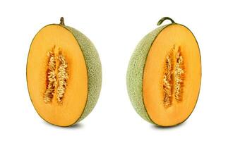 Two halves of a tasty cantaloupe melon in a cross-section, isolated on white background with copy space for text or images. Side view. Close-up shot. photo