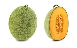 Delicious cantaloupe melon in a cross-section, isolated on white background with copy space for text or images. Side view. Close-up shot. photo